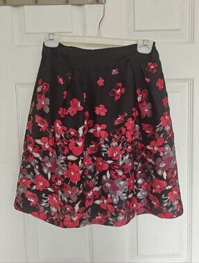 Jacob Black Floral A-Line Skirt with Red & Pink Accents, Size 00